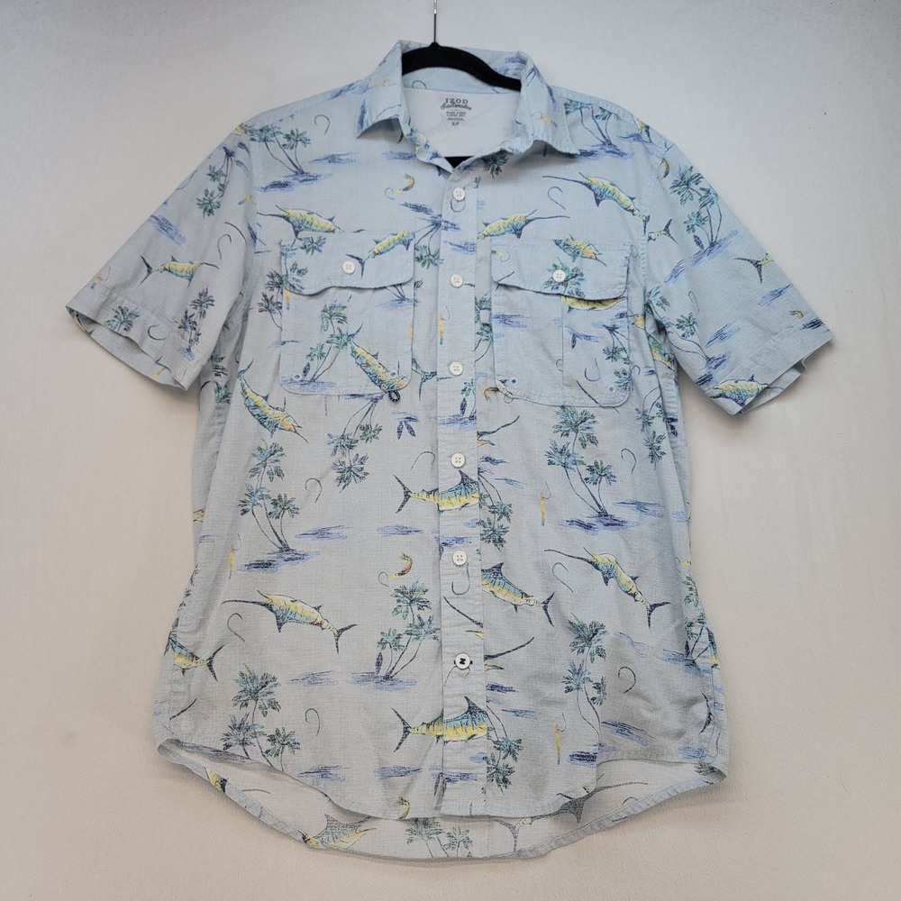 IZOD Button Down Shirt Mens Small Blue Tropical Marlin Fishing Short Sleeve